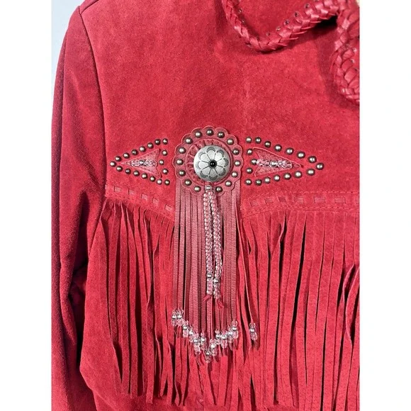 Scully Red Suede Leather Jacket Fringe Concho Beaded Medium Womens Western Wear - Picture 9 of 16